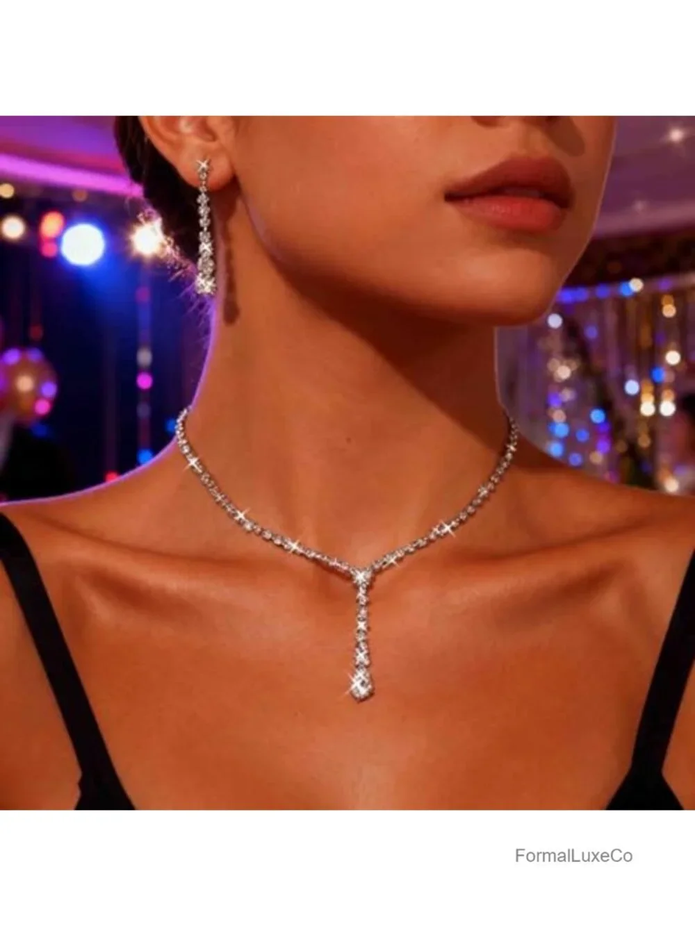 Silver Wedding Necklace and Earring Set Bridal Lariat Dangle Earrings Cubic